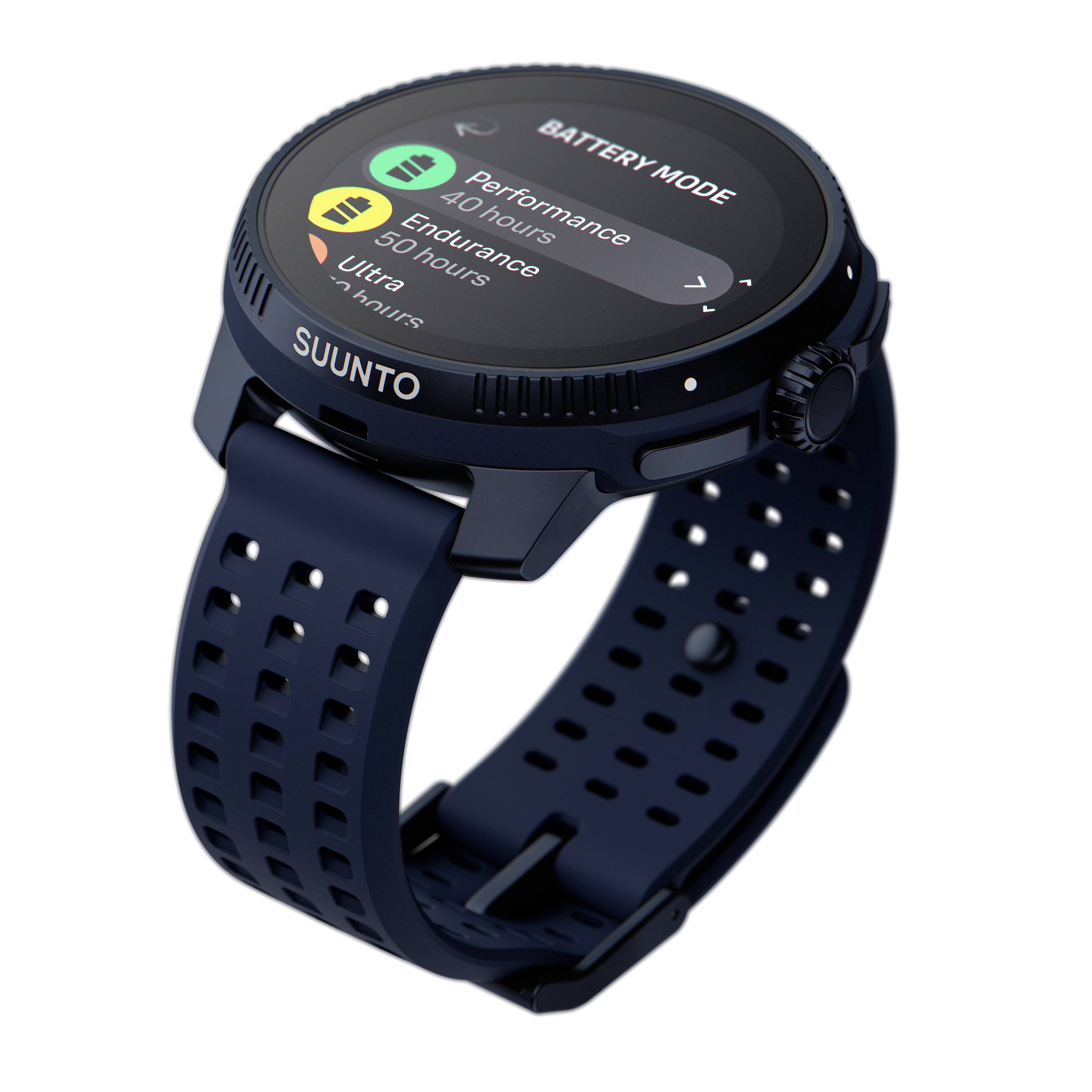 Smartwatch in a dark blue design with display of battery mode and remaining usage time in different modes.