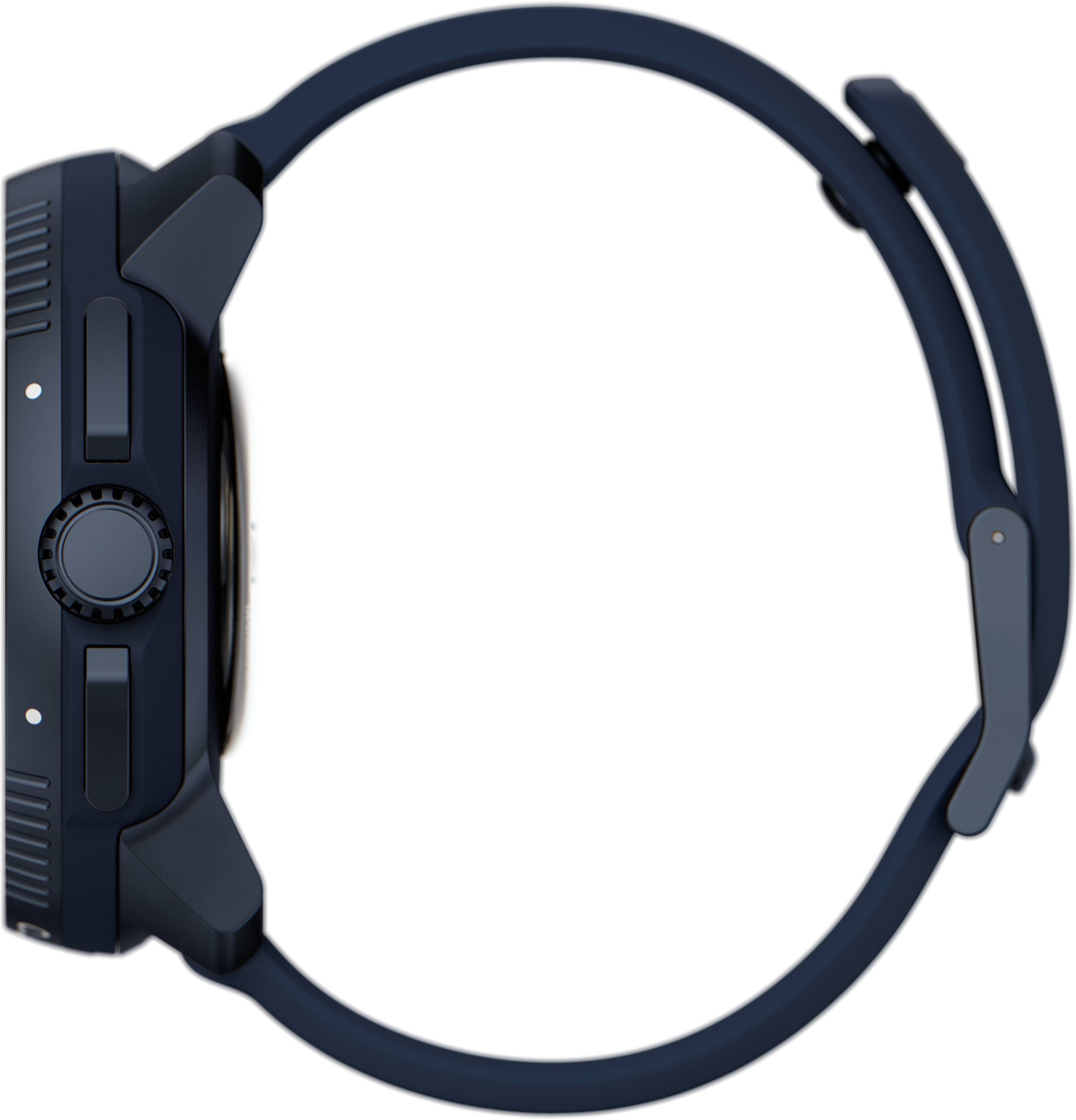 The side view of a modern, navy blue wristwatch with a distinctive case and a textured dial bezel.