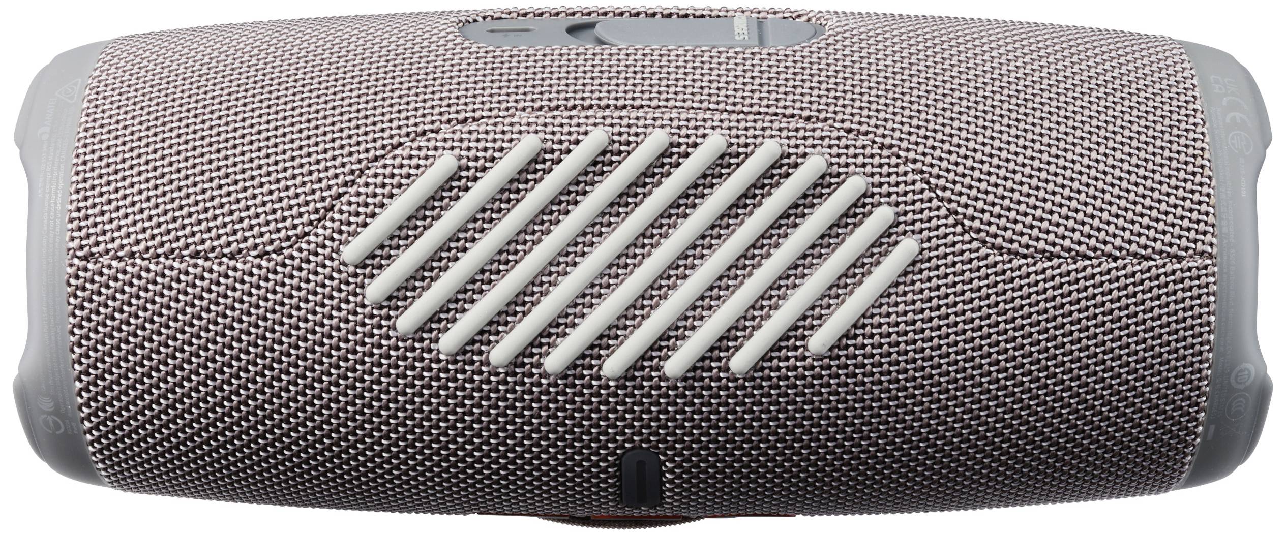 A portable wireless speaker with a grey fabric cover and rubberised ends. Controls and the brand logo are visible on the top surface.