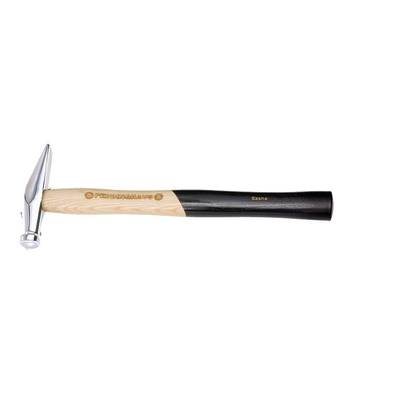 A hammer with a wooden handle and a silver metal head, typically used for hammering nails.