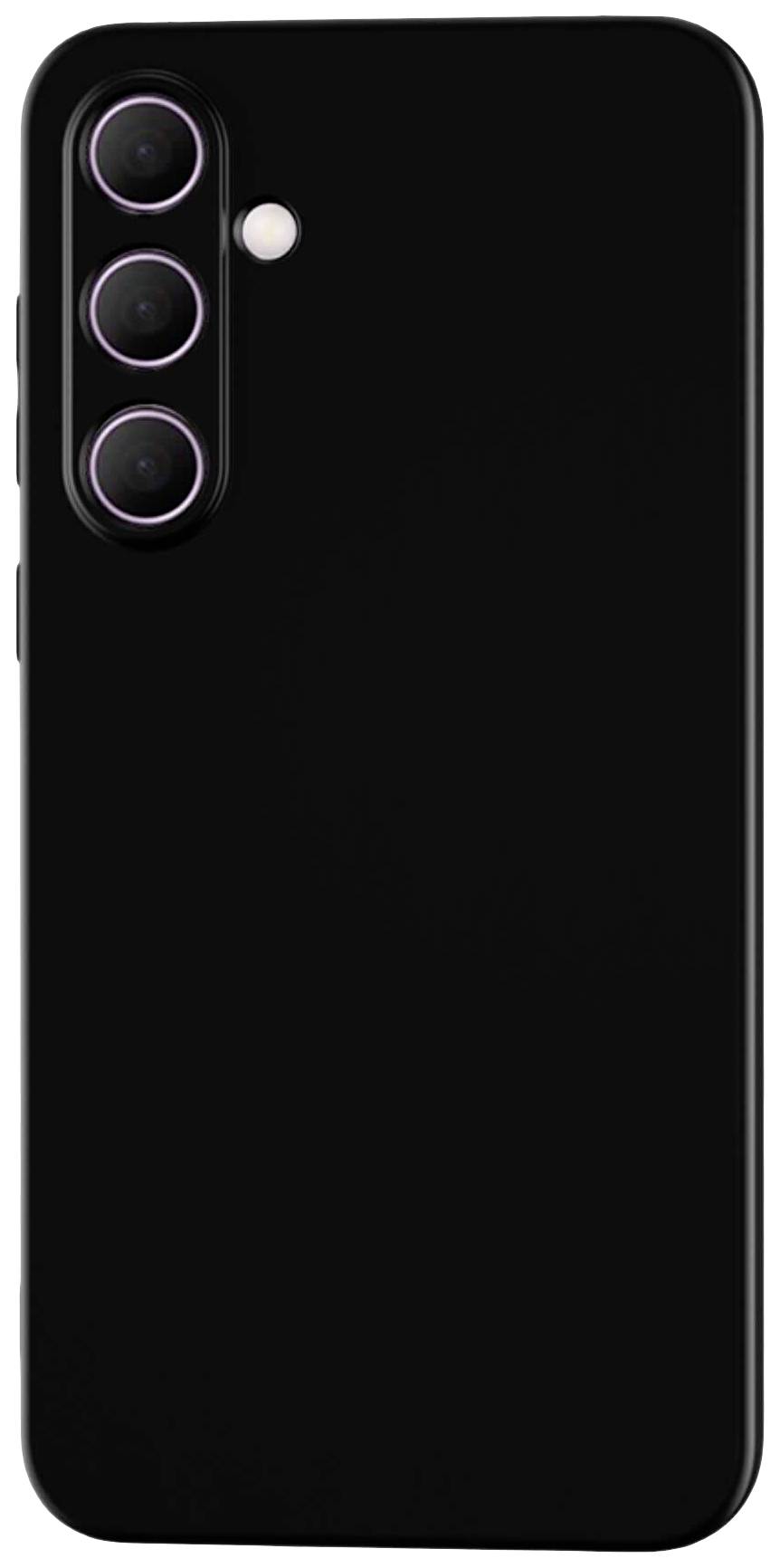 A smartphone with three vertical camera lenses on the back and a flash, in a minimalist black design.