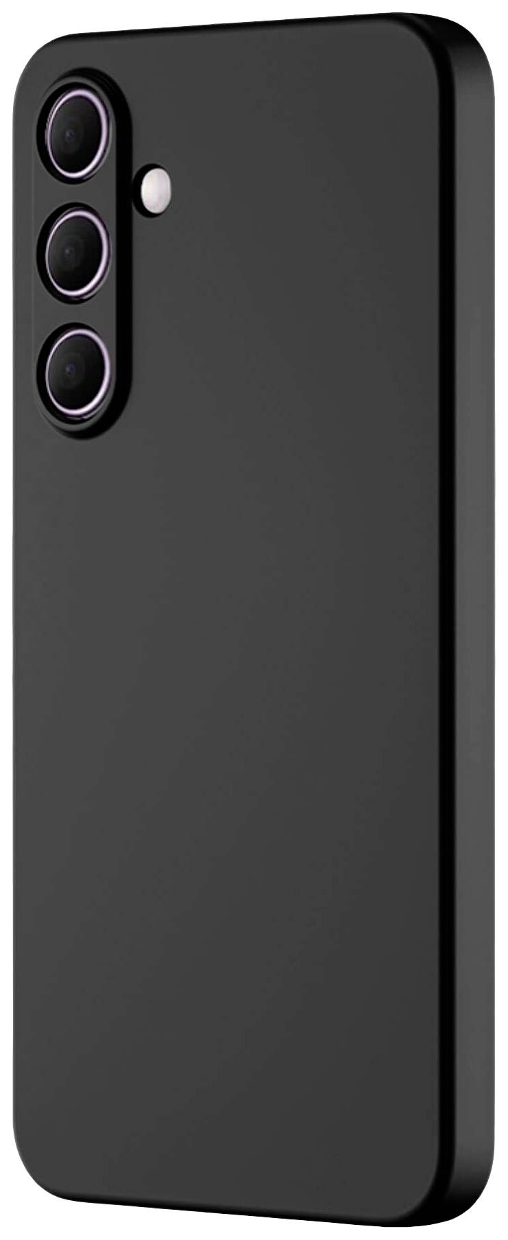 A black smartphone with three camera lenses and a flash on the back.