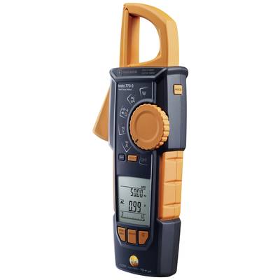 Digital clamp meter with orange and black casing. Displays measurement values on an LCD display, suitable for current measurements.