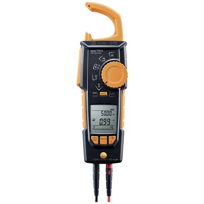Digital clamp meter with digital display, switches, and orange casing. Display shows measurement values for voltage and current.