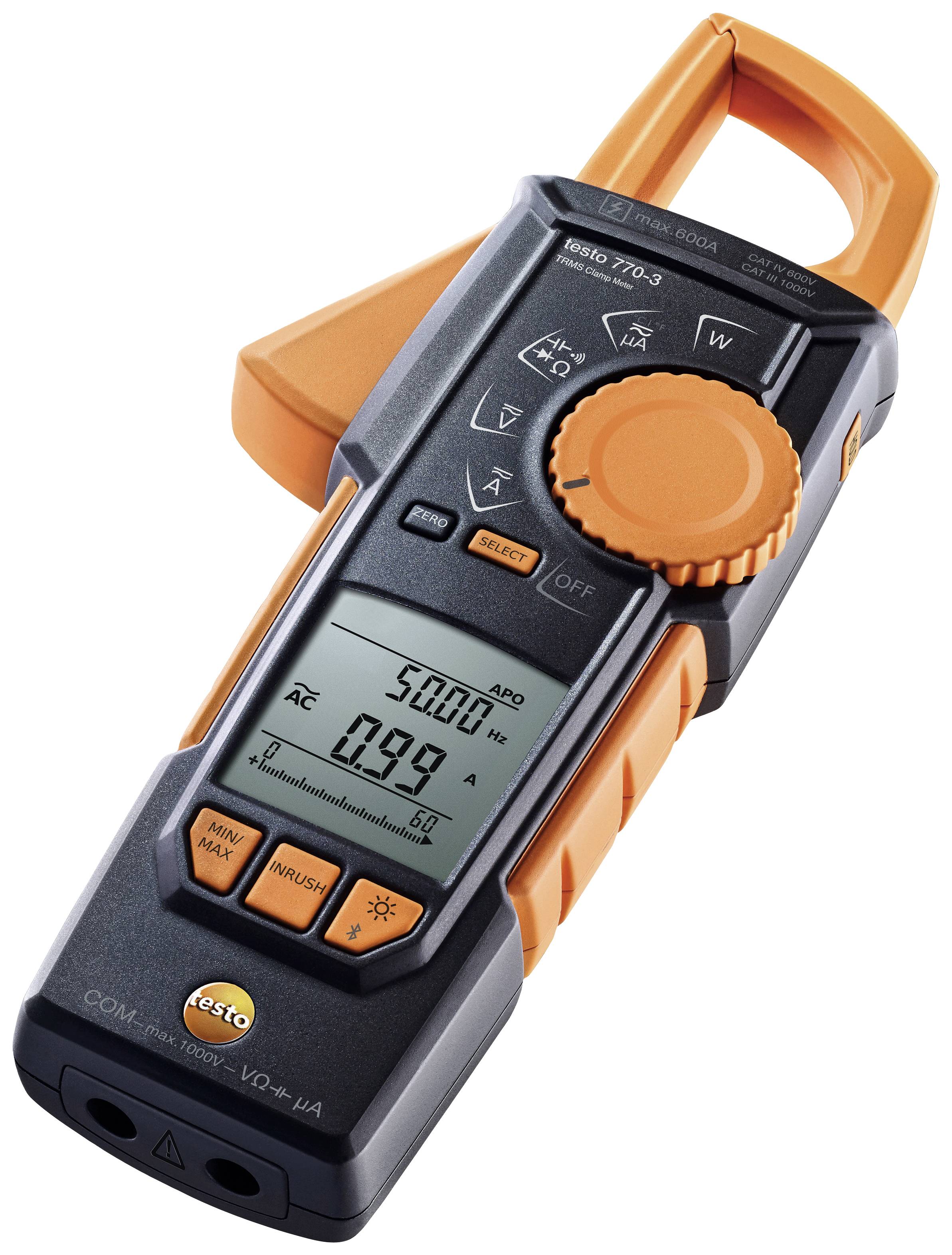 Compact digital clamp meter with display, showing 5.00 A AC. Ideal for measuring electrical currents and other parameters.