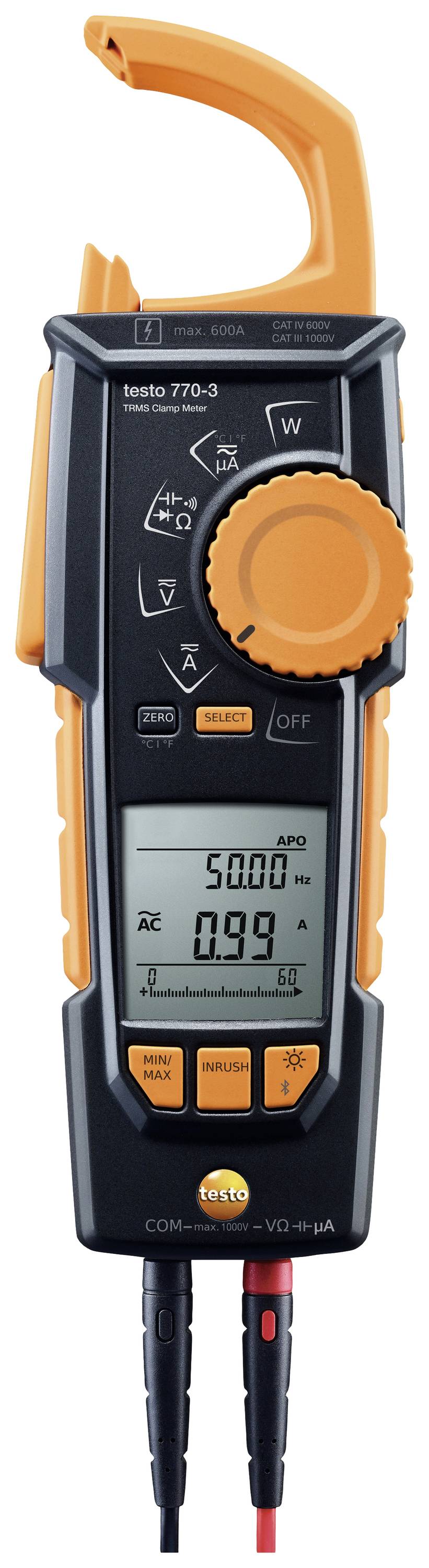 A digital clamp multimeter with a large display shows readings for voltage and current. It has orange and black elements.
