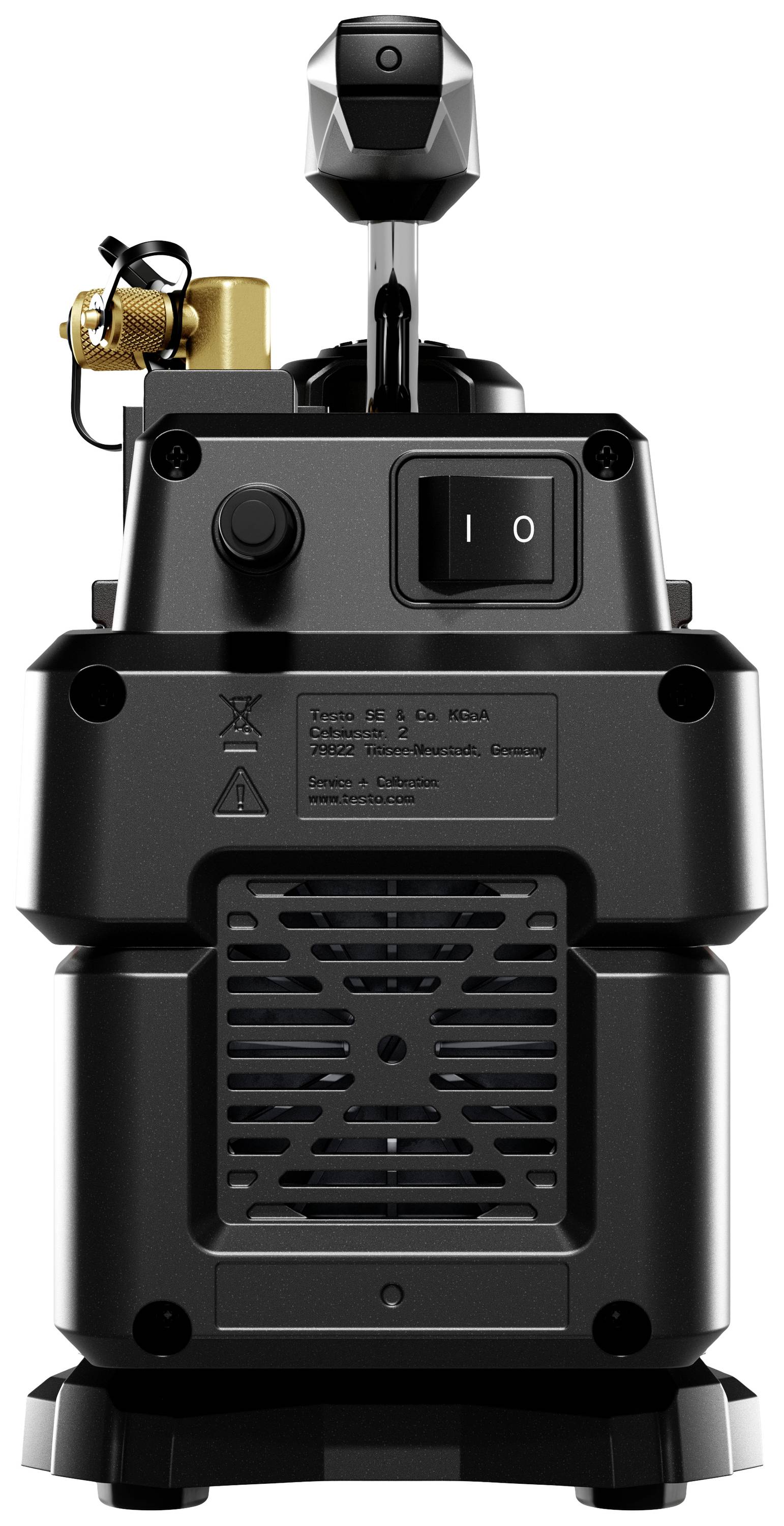 Black electric switch on powerful industrial equipment, top fitted with brass valve and black lever, robust metal construction.