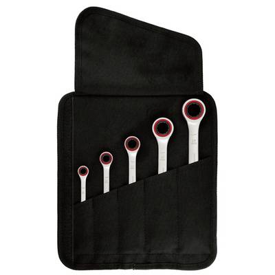 Five ring spanners in different sizes arranged in a black folding case.