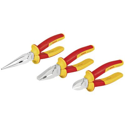'Three red and yellow Bosch pliers: needle-nose pliers, combination pliers and side cutters on a white background. Electrician's tool set.'
