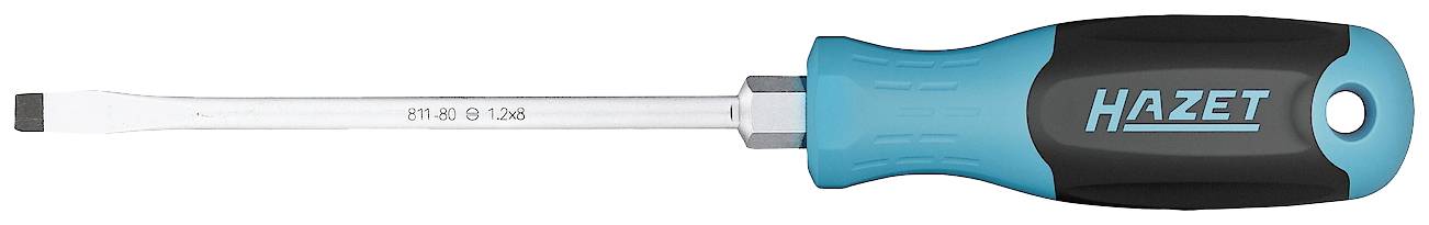 Screwdriver with a blue handle and 'HAZET' printed on the side. Flat metal head for turning screws.