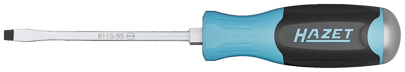 Screwdriver with blue-black handle, flat metal blade for slotted screws. Marking: 'HAZET 815-5.5'.