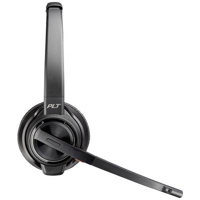 A black headset with a microphone arm, marked with 'PLT', against a white background.