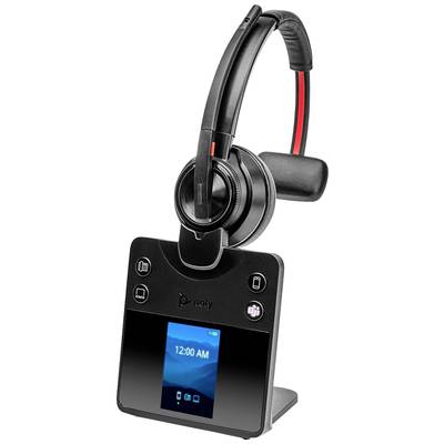 A wireless headset with a charging station. The display shows the time '12:00 AM'. The design is modern and functional.