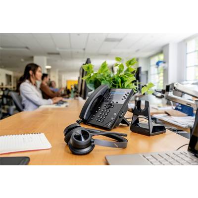 Office environment with desks, telephone, headphones and plants. In the background, two people are working on computers.