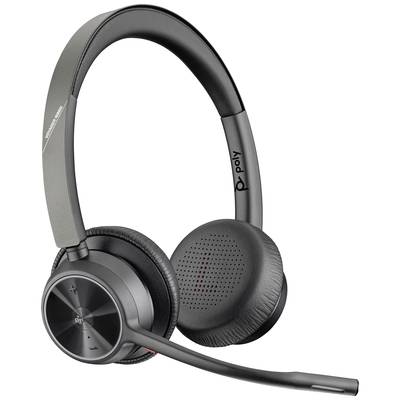 Headset with microphone boom and ear cups, in black, suitable for communication and telephony.