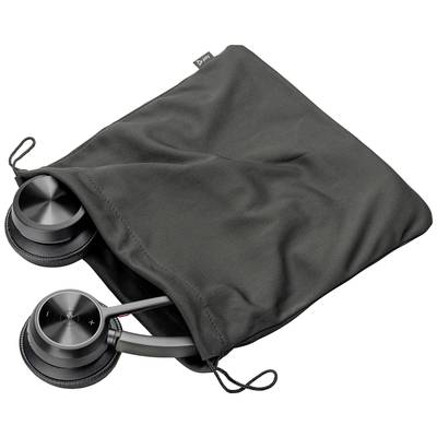 Black headphones partially in a black fabric bag, with volume indicator visible on the ear cup.