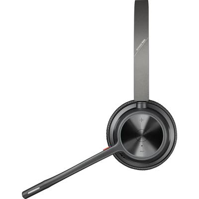 Black wireless headset with microphone arm, suitable for telephone conferences or PC use. Design with volume control.
