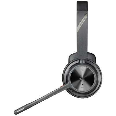 Black, wireless headset with microphone boom, focused on the right ear cup with control buttons.