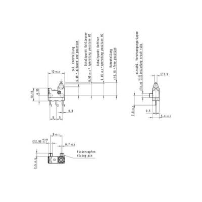 'Technical drawing of a switching gear switch with dimensions in millimetres. Details of mounting pin and fixing accessories.'