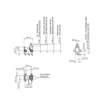 Technical drawing of a fixing pin with dimensions, front and side view. Shows detailed measurements and positions.