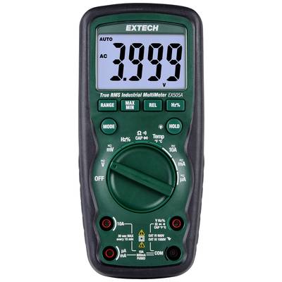 Digital multimeter with a large display showing '3.999 V'. Function buttons for various measurement ranges and settings underneath.