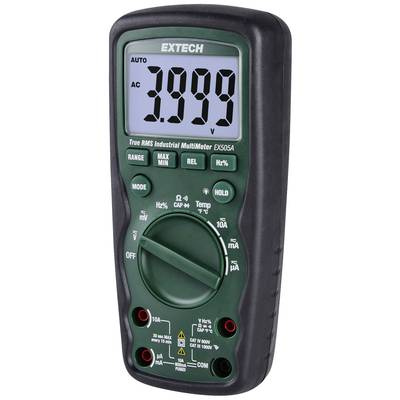 A digital multimeter with a green casing displays '3.999' on the screen. It has numerous switches and buttons for taking measurements.