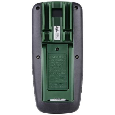 Back of an electronic device with battery cover and warning labels. Screw holes visible at the corners.