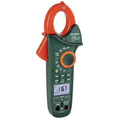 A digital clamp multimeter with an orange clamp and green casing displays the value '116.7' on its display.