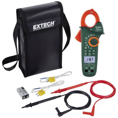 A digital clamp multimeter set by Extech with cables, temperature sensor, battery, and carry case.