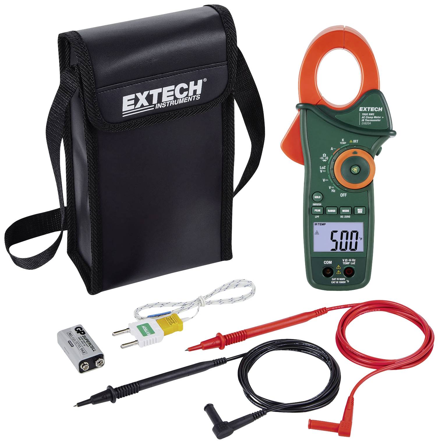Clamp meter with accessories and black carry case. The display shows '500'. Includes cables and battery adapter.