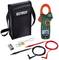 Clamp meter with accessories and black carry case. The display shows '500'. Includes cables and battery adapter.