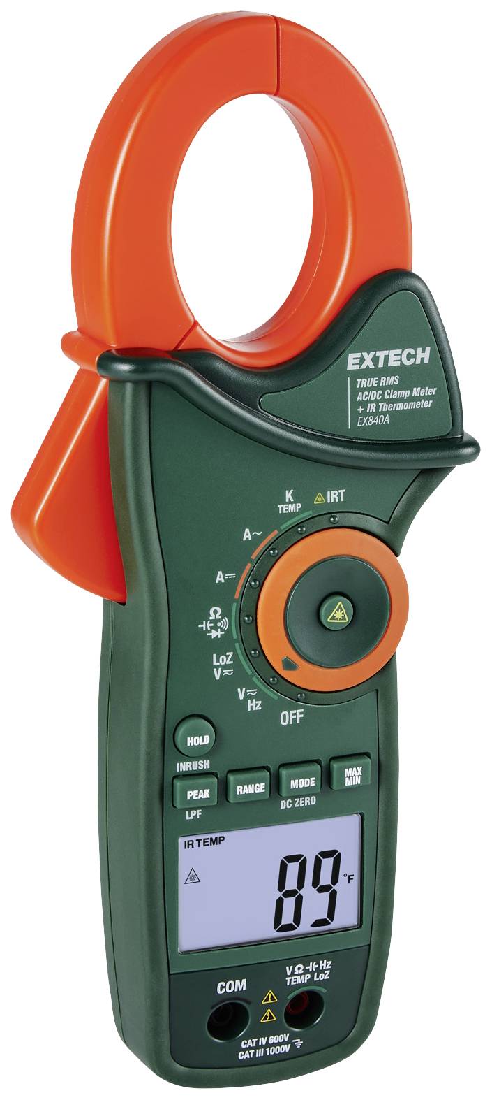 A clamp ammeter, green with an orange clamp and digital display, shows numerical measurement values and has various control elements.