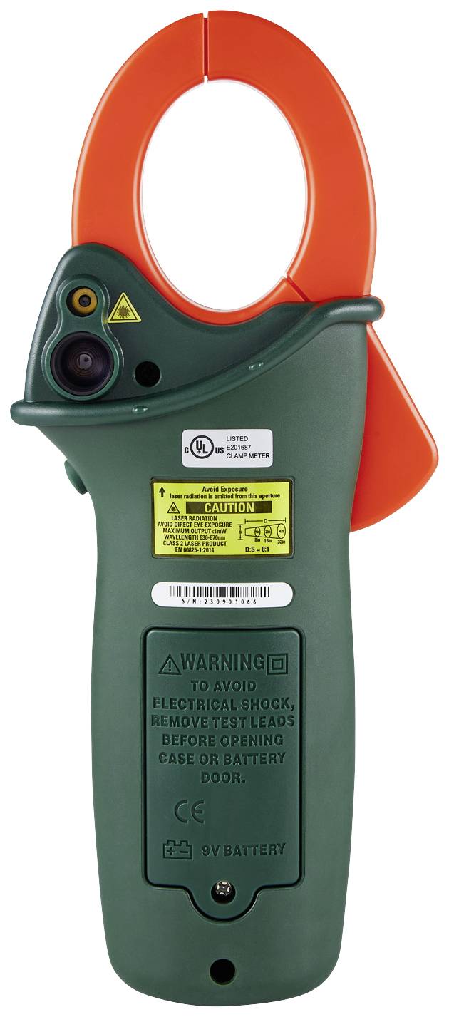 A green electrical current clamp with an orange handle for measuring electrical currents. Warning notices are located on the reverse side.