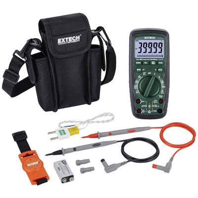 A digital multimeter set with a carry case, test leads, an adapter, batteries, and a hand strap. The display shows '39999'.