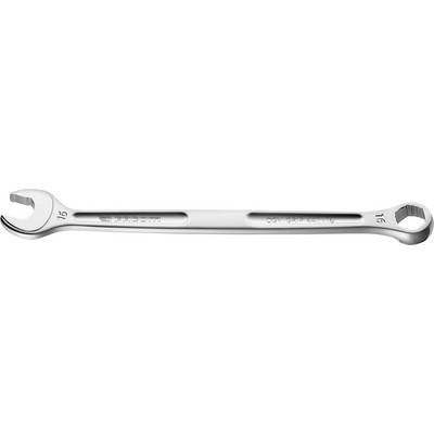 A silver spanner with '15' and '16' size markings on the ends, for use with screws and nuts.