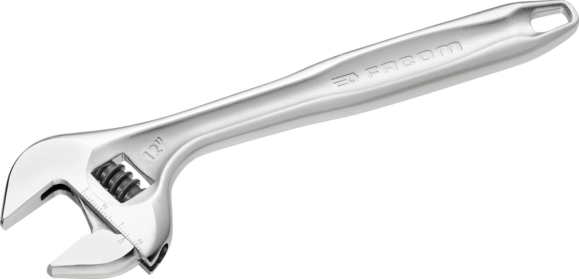Silver adjustable spanner, 12 inches, with ergonomic handle and scale for adjusting the jaw width.