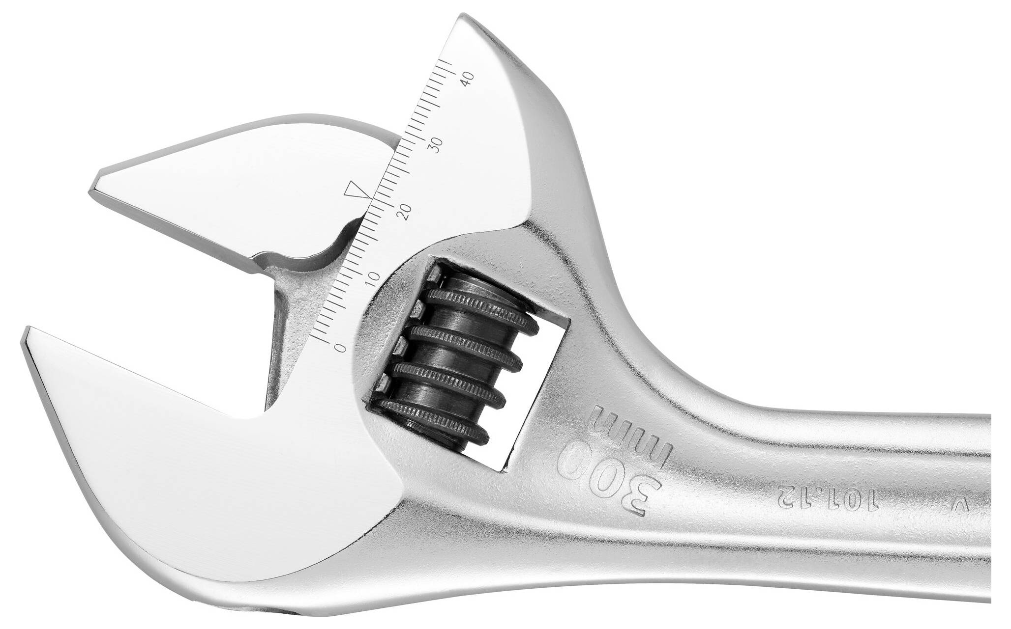 Adjustable metal spanner with scale, showing the measurement range. Primary tool for adjusting bolts and nuts.