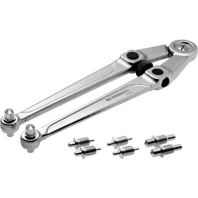 A silver metal tool with two arms and multiple interchangeable tips. This is a heavy-duty external puller.