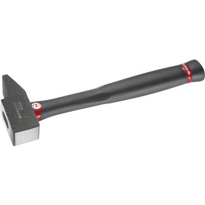 Black hammer with red detail on the handle, lying sideways.