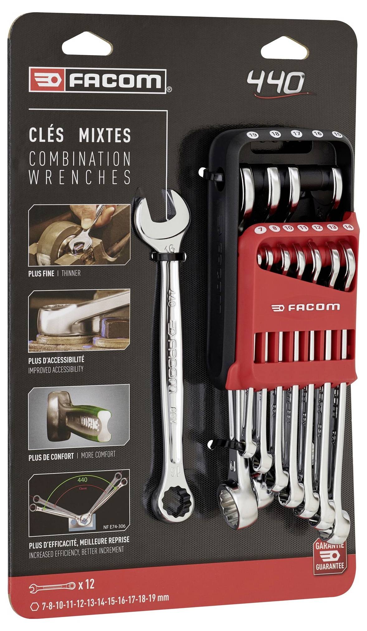 'Facom 440' Combination Spanner Set, 12-piece. Contains spanners from 7 to 19 mm. Packaging displays tools and descriptive text.