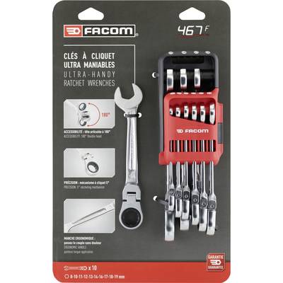 A packaging containing a set of ultra-handy ratchet spanners from the Facom brand, presented in various sizes.