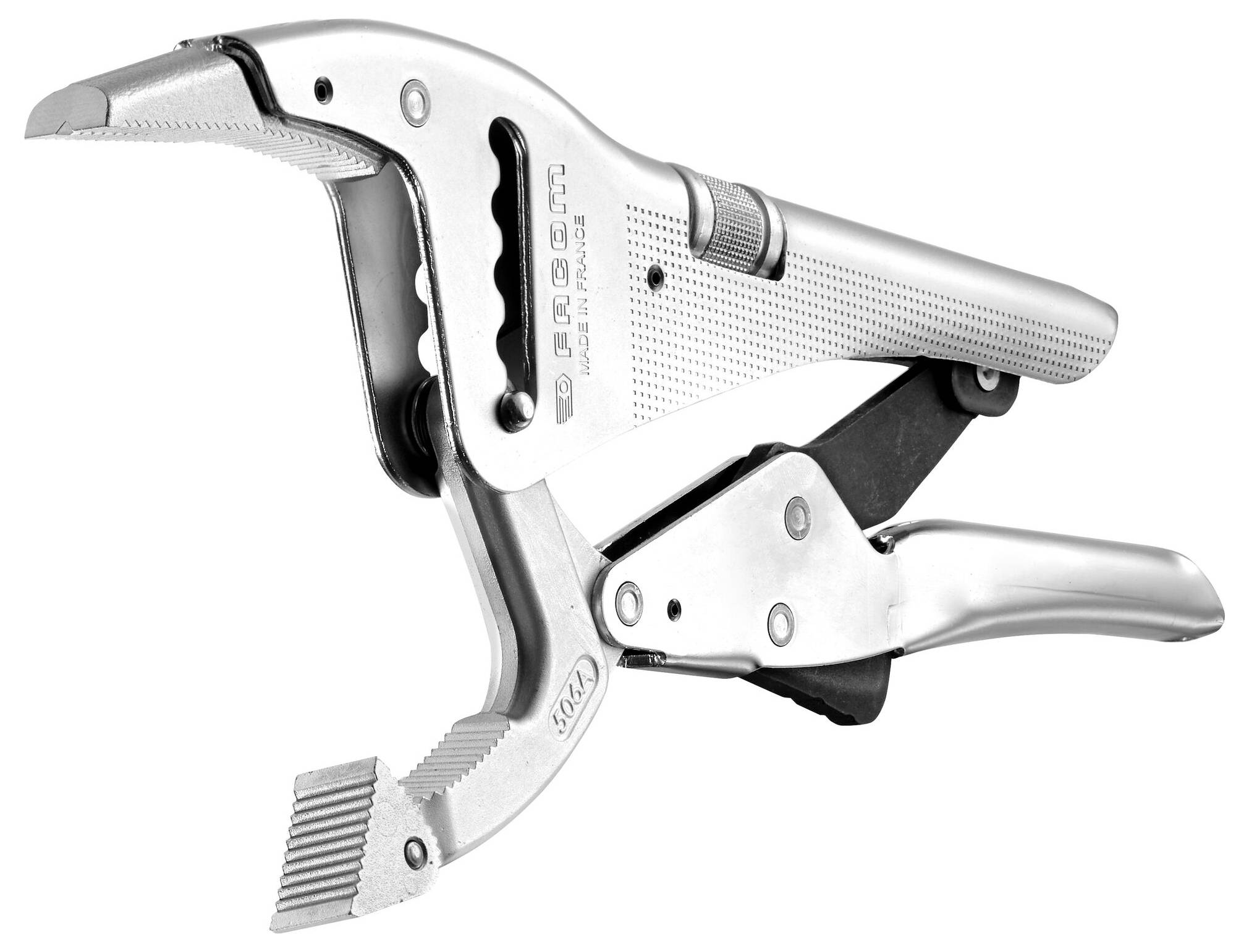 An adjustable grip tong, made of stainless steel, with serrated gripping surfaces and a lever mechanism. Ideal for holding objects.