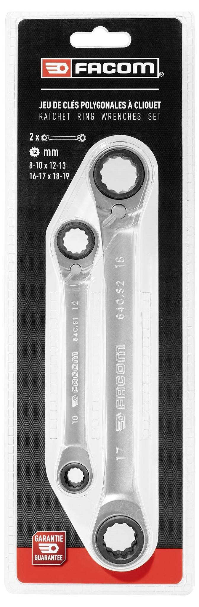 'Set of two Facom ratchet ring spanners, suitable for sizes 8-19 mm, in packaging with guarantee seal.'