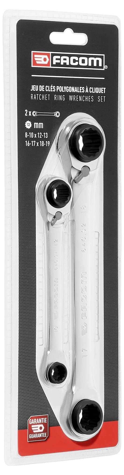Packaging containing two Facom ratchet ring spanners, size range 8-19 mm. Labelled with 'Jeu de Clés Polygones à Cliquet'.