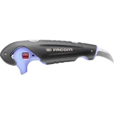An ergonomic blade cutter with a red rotary lock, black handle, and curved silver blade.