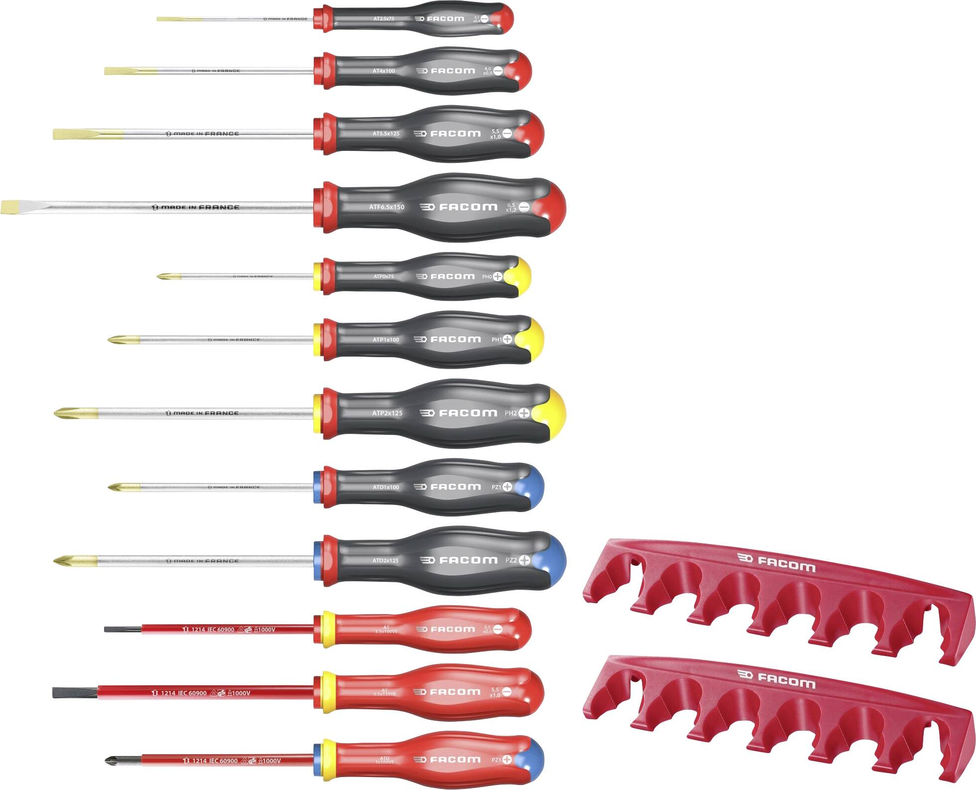 A set of 11 screwdrivers in various sizes with coloured handles, ideal for different screw-related tasks, plus two red holders.