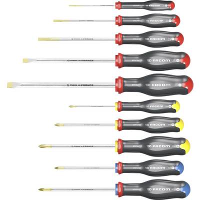 A set of ten screwdrivers with varying sizes and handles, arranged from small to large, lying horizontally.