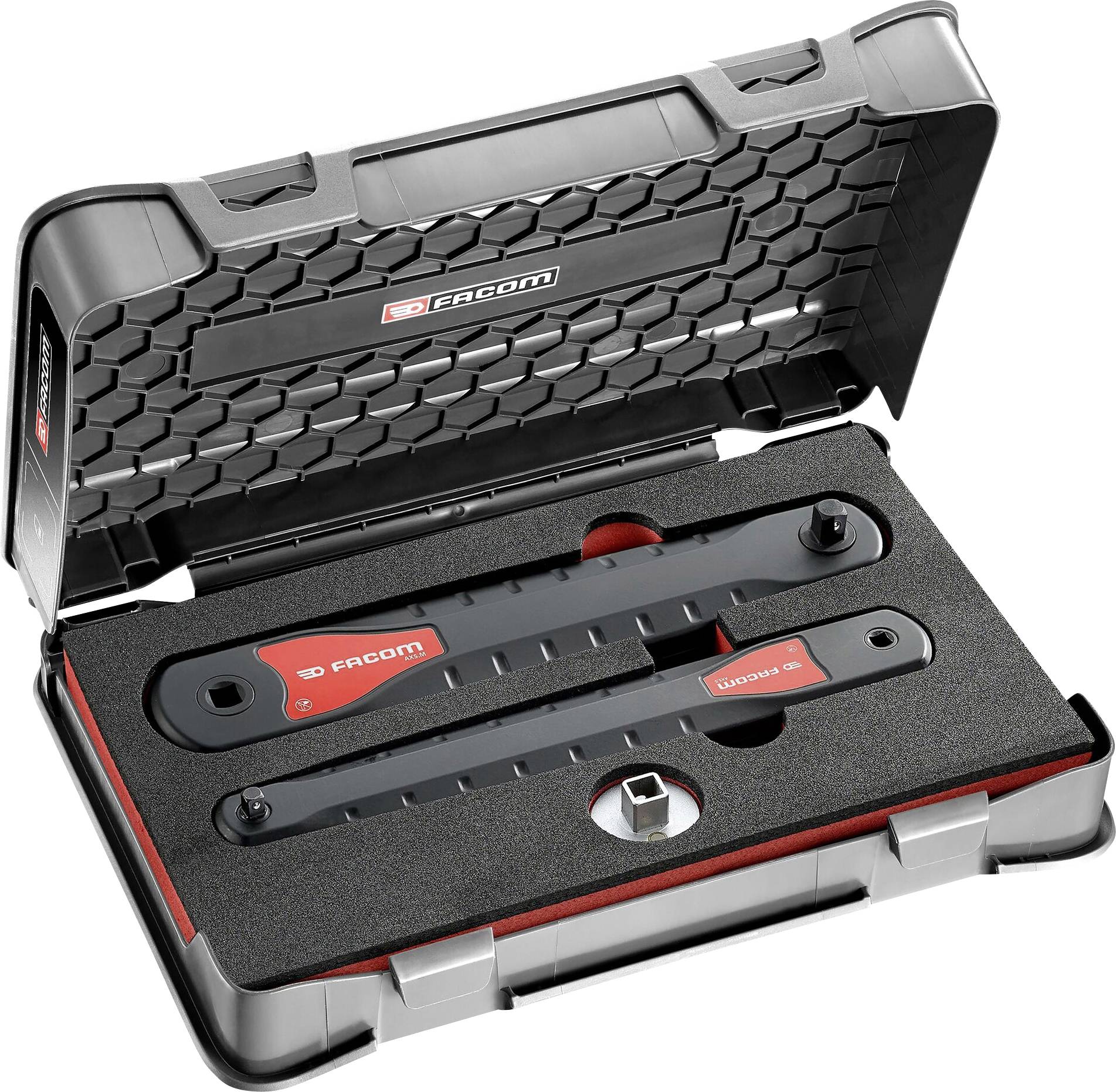 'Tool case with two torque wrenches and accessories, black with red insert. Opened, presenting the tools.'