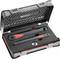 'Tool case with two torque wrenches and accessories, black with red insert. Opened, presenting the tools.'