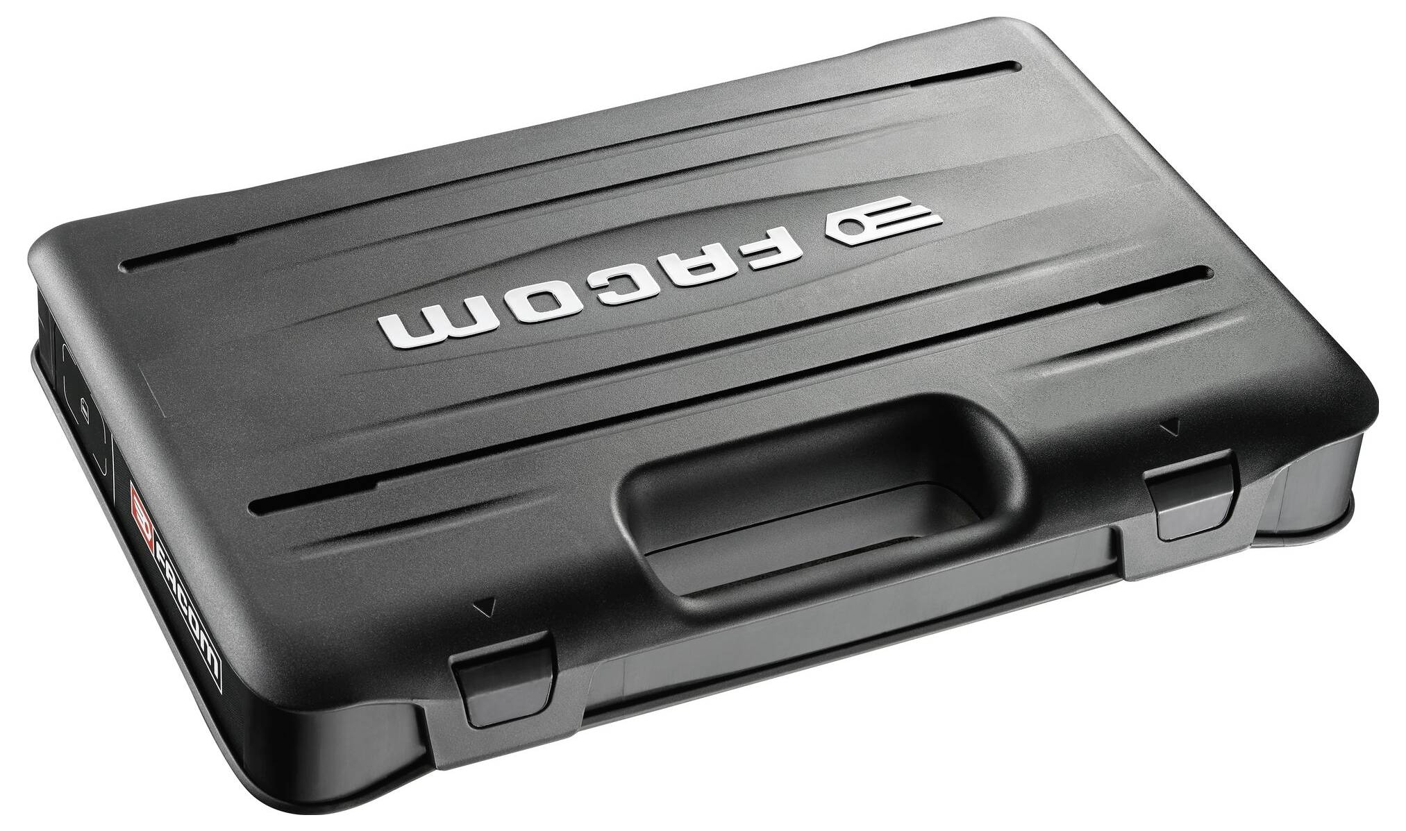 A black plastic toolcase with 'FACOM' printed on the lid. The case has a handle and clasps on the side.